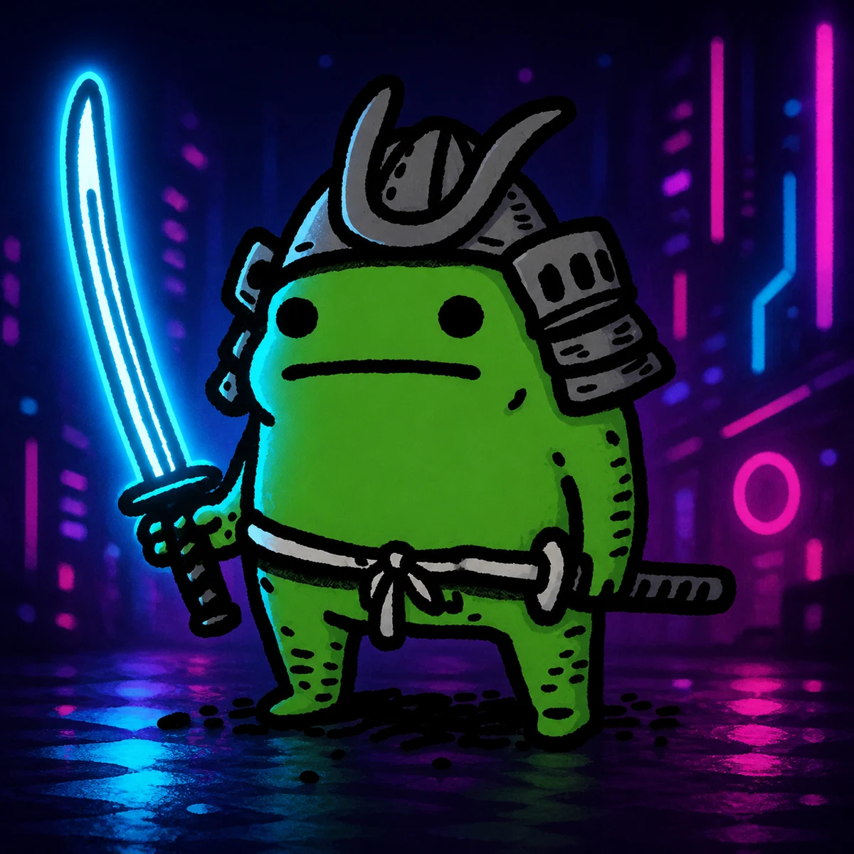 FROGUN, a green samurai frog holding a glowing blue sword
